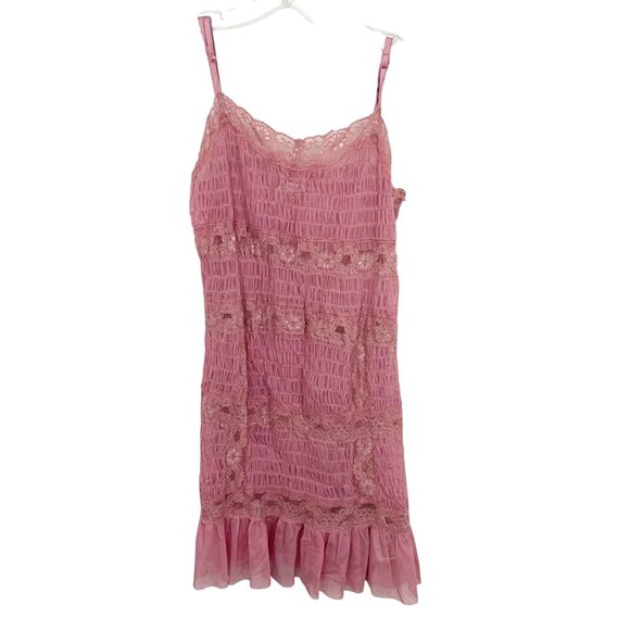 Intimately Free People Condesa Mini Slip Dress Smocked Pink Sheer Lace MEDIUM - Picture 1 of 6